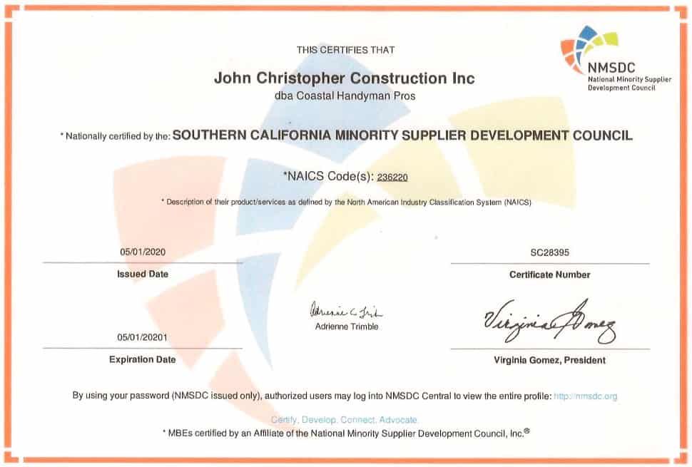 John Christopher Construction Inc Certificate